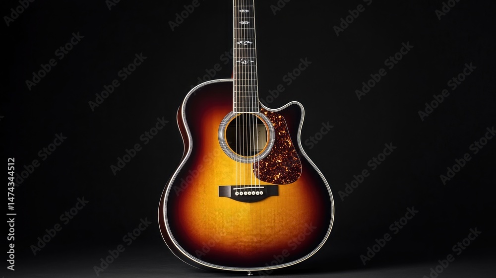 Naklejka premium Acoustic guitar with a sunburst finish standing upright on a black background