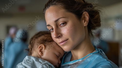 In a healthcare environment, a woman wears a blue hospital gown while gently holding a sleeping baby. Caregivers are seen in the background, creating a comforting atmosphere