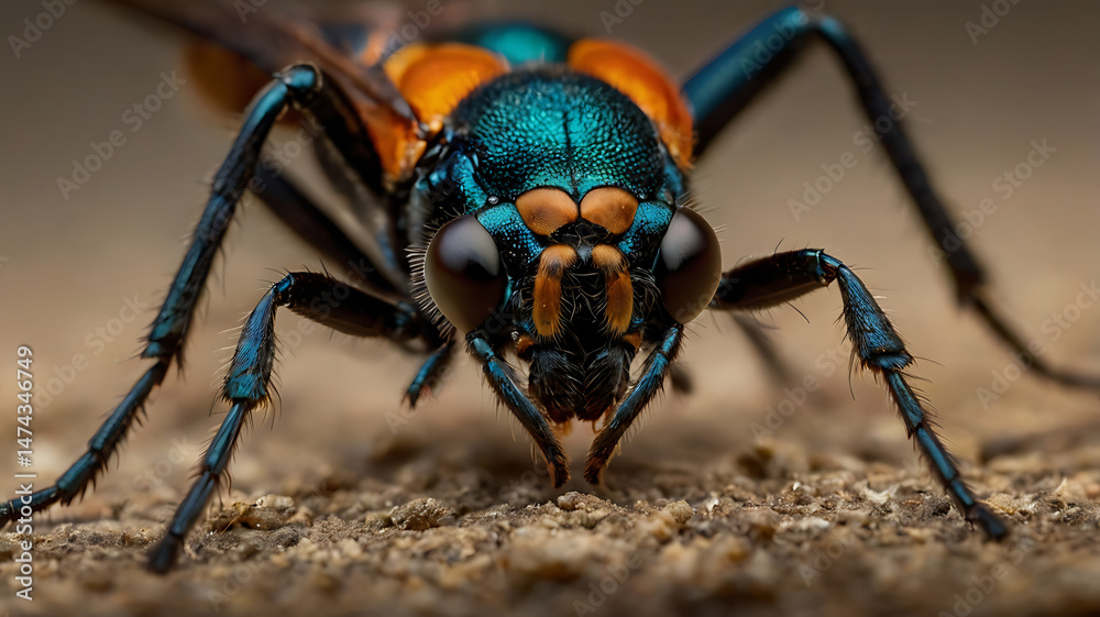 Naklejka premium Stunning macro shot of a vibrant, iridescent jewel wasp with intricate details.