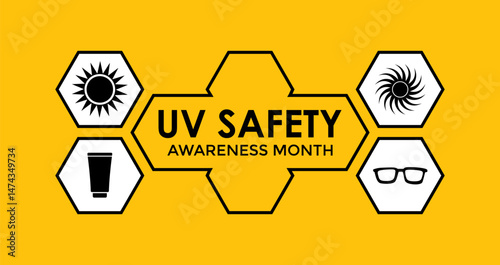 July is UV Safety Awareness Month. UV rays can cause sunburn, skin aging, eye damage, and skin cancer. Ultraviolet safety month illustrated in vector format. Banner poster, flyer and background design