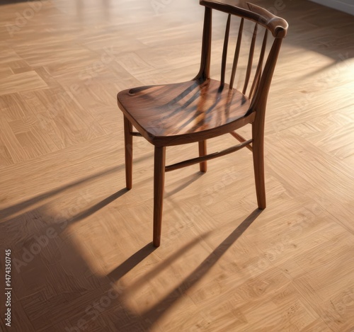 Crisp shadow of a wooden chair on polished hardwood, minimalism, wooden, elegant