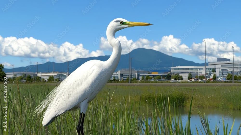 Fototapeta premium White Great Egret in a Grassy Marsh with Distant Mountains and