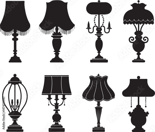 A collection of black silhouette illustrations of vintage style table lamps vector on white background