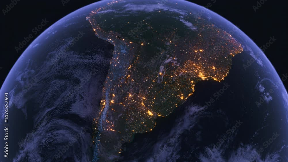 Planet Earth at Night. Night Map of South America. View from Space Orbit. Globe
