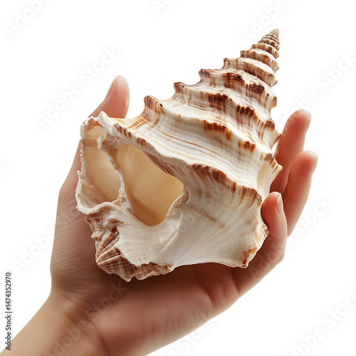 Conch in hand, close-up view, conch in hand, beauty of the sea, close-up picture of conch held in hand, conch, close-up of hand, on a transparent backgrounds