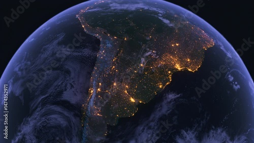 Planet Earth at Night. Night Map of South America. View from Space Orbit. Globe
