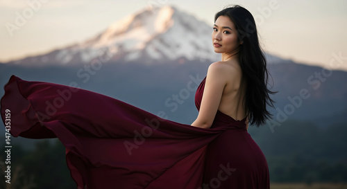 Asian woman in flowing maroon dress looking back with mountain background. Elegance in nature and freedom concept for fashion shoot or travel promotion