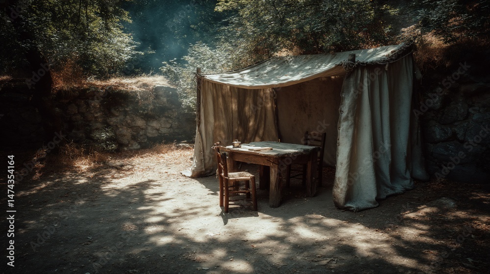 Fototapeta premium Simple wooden table and chairs under a rustic canvas tent in a sun-drenched forest clearing