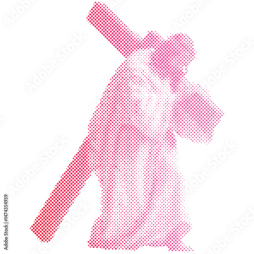A man acting as Jesus Christ carrying the cross in halftone retro modern