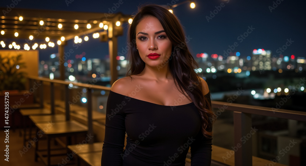 Woman with red lipstick in black off-shoulder dress on rooftop terrace with city lights backdrop. Nighttime urban setting creates metropolitan atmosphere for luxury nightlife Woman with red lipstick in black off-shoulder dress on rooftop terrace with city lights backdrop. Nighttime urban setting creates metropolitan atmosphere for luxury nightlife
