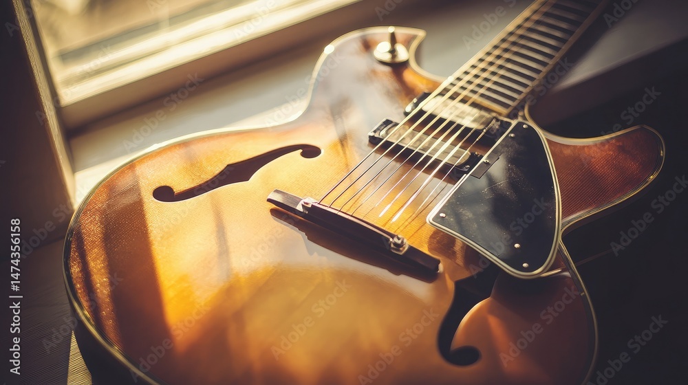 Fototapeta premium Sunlight reflecting off the glossy body of an acoustic guitar placed near a window sill