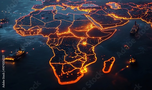 An artistic map of the African continent with glowing orange-red borders and ships in the surrounding dark ocean.