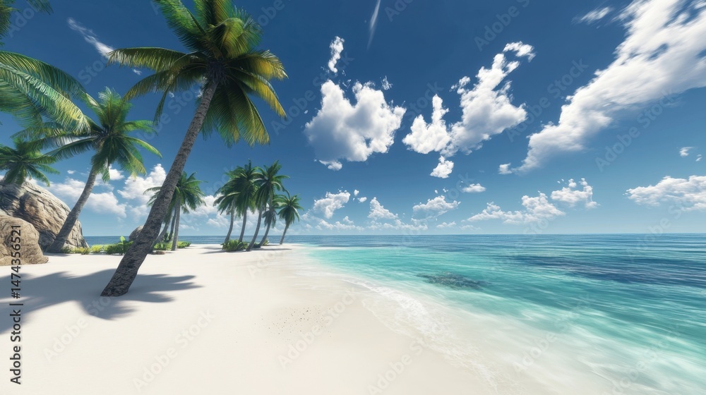 Obraz premium Seaside haven with white sand, brilliant blue ocean, and palm trees leaning gently under sunny skies and floating white clouds