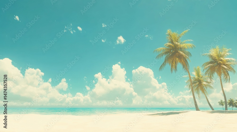 Obraz premium Tranquil lagoon beach with soft sand, calm turquoise water, and scattered palm trees beneath a sky of scattered white clouds