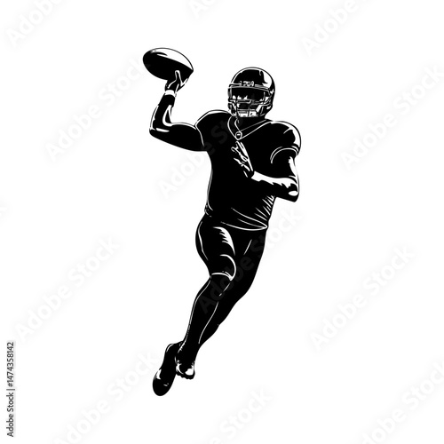 Dynamic black and white vector of an American football quarterback mid-throw in full gear.

