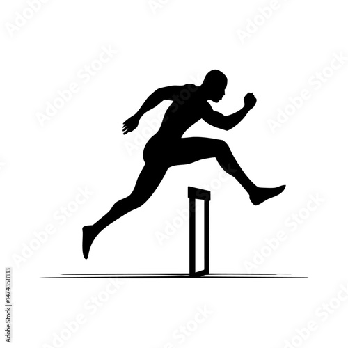 Minimalist vector silhouette of a male athlete leaping over a hurdle.

