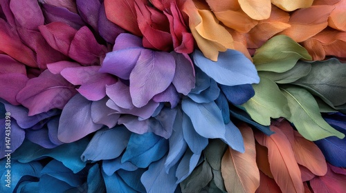 Colorful feathers in vibrant reds, blues, greens and yellows, close-up texture