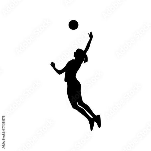 Female volleyball player captured in mid-air executing a spike.

