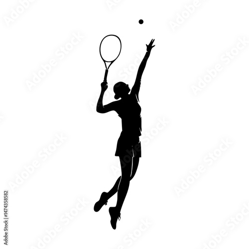 Female tennis player in full extension performing a powerful serve.

