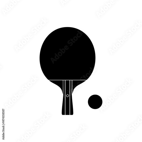 Minimalist table tennis paddle and ball illustration in bold silhouette.

