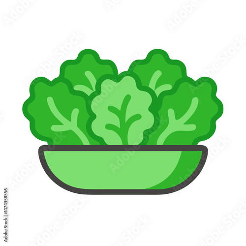 Bowl of green lettuce leaves in cartoon flat style