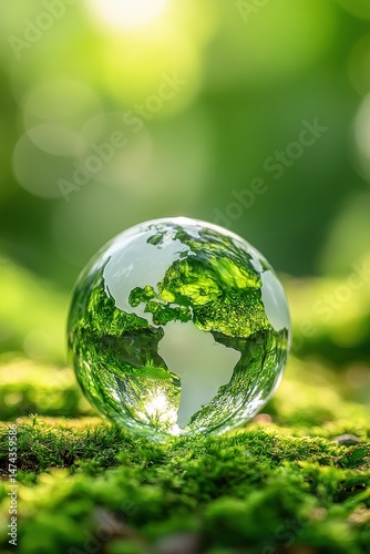 Glass globe, Crystal globe on green moss in forest to protect nature, Eco-friendly esg conservation care for the earth for sustainability keep the earth clean and ecology. Earth Day, Environmental photo