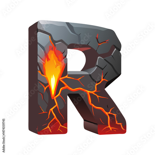 Volcanic letter R with lava cracks in cartoon 3D style