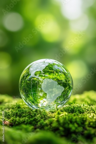 Glass globe, Crystal globe on green moss in forest to protect nature, Eco-friendly esg conservation care for the earth for sustainability keep the earth clean and ecology. Earth Day, Environmental