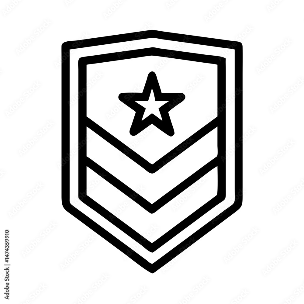 Military rank badge outline with star and chevrons in flat vector style Military rank badge outline with star and chevrons in flat vector style