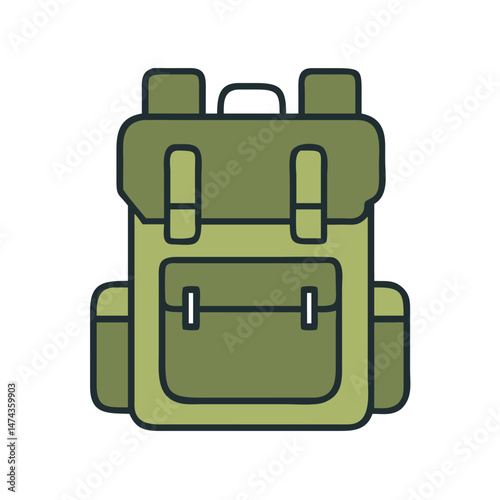 Military style olive backpack with front pockets in flat cartoon vector