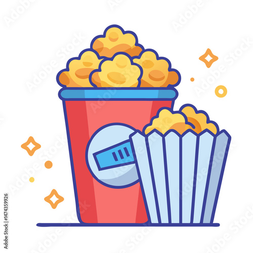 Popcorn buckets with soda in flat cartoon cinema snack vector