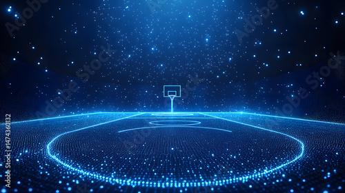 A vibrant, luminous blue basketball court is digitally rendered against a star-filled background, perfect for sports or technology themes. Captivating and modern. Abstract wireframe in dark blue.