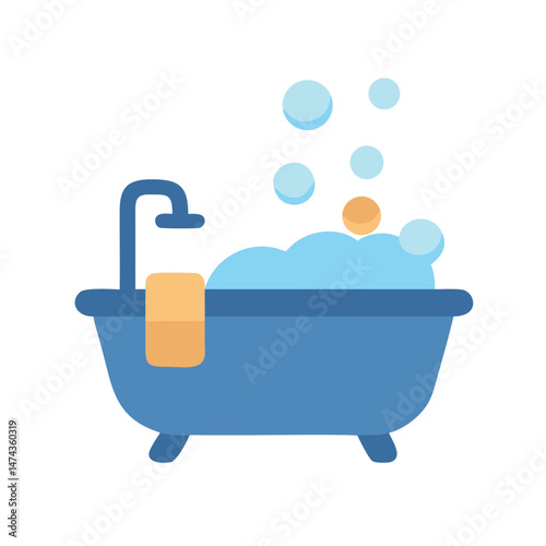 Blue bathtub with bubbles and towel icon in flat style	
