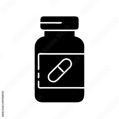 Black medicine bottle with pill symbol in flat vector style