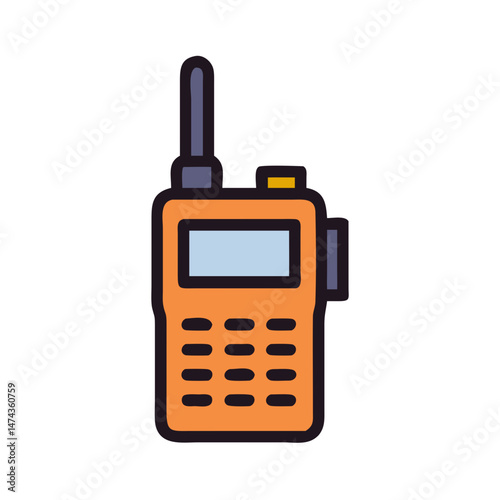 Orange walkie-talkie radio with antenna in cartoon vector style