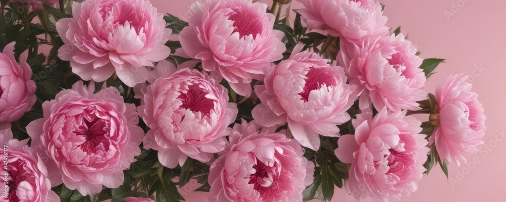 Fototapeta premium Dense cluster of pink peonies on a blush pink backdrop , spring, garden