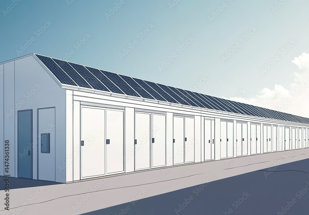 A row of white self-storage units with solar panels on the roof under a partly cloudy blue sky. A row of white self-storage units with solar panels on the roof under a partly cloudy blue sky.