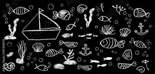Set of kid doodle fish, seaweed, and bubbles. White pastel wax texture on a black chalkboard background. Cute squiggle art style, like charcoal or crayon, showing an underwater school scene. Vector