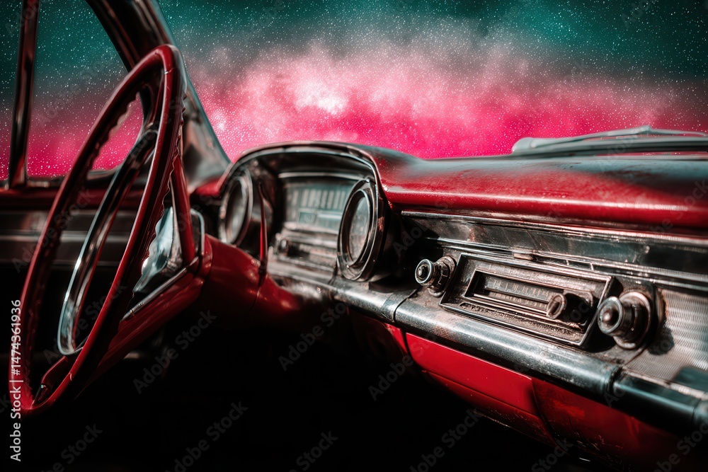 Fototapeta premium Vintage car interior with cosmic background