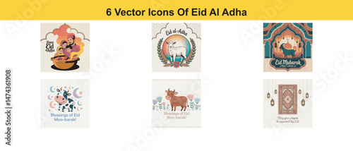 Eid Al Adha blessings design with prayer rug, lanterns, and religious symbols
