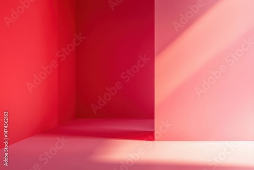 A minimalist, vibrant, pinkish-red interior scene, bathed in sunlight.  Shadows are cast on the floor, and the light creates a sense of depth within the space