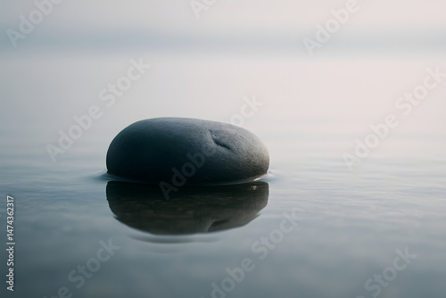 Smooth stone reflecting in calm water against a serene backdrop  