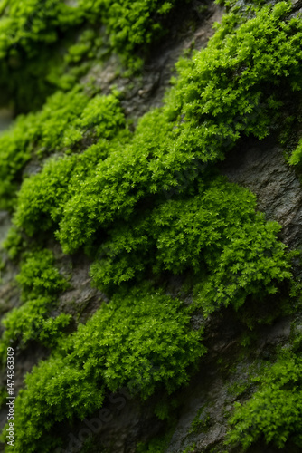 Green moss growing on tree bark in a natural environment  