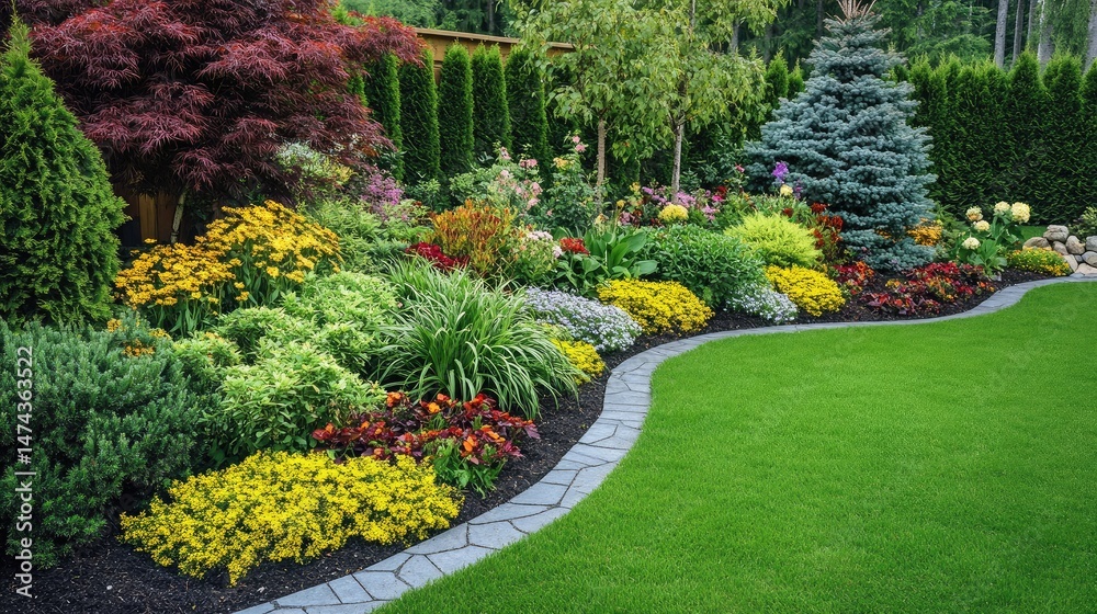 Fototapeta premium Landscape design with freshly planted trees along a curved walkway