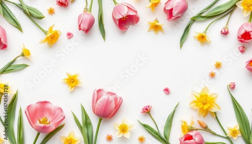 Delicate spring floral seamless pattern featuring tulips, daffodils, and leaves on a white background, fabric, textile design