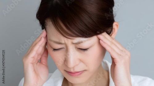 Wallpaper Mural Woman Holding Her Head with Both Hands, Expressing Neutral Emotion of Stress and Discomfort from Headache and Tension, Highlighting Health Concerns. Torontodigital.ca