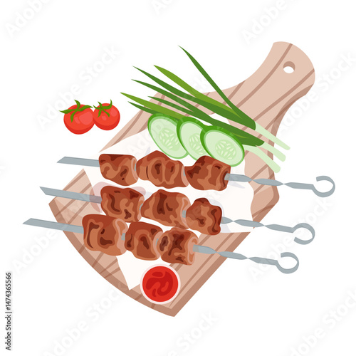 Vector illustration bbq, grilled kebab skewers on metal sticks with fresh cucumbers, green onions, tomatoes and sauce on wooden board. Perfect for barbecue outdoor party, summer cooking or menu design