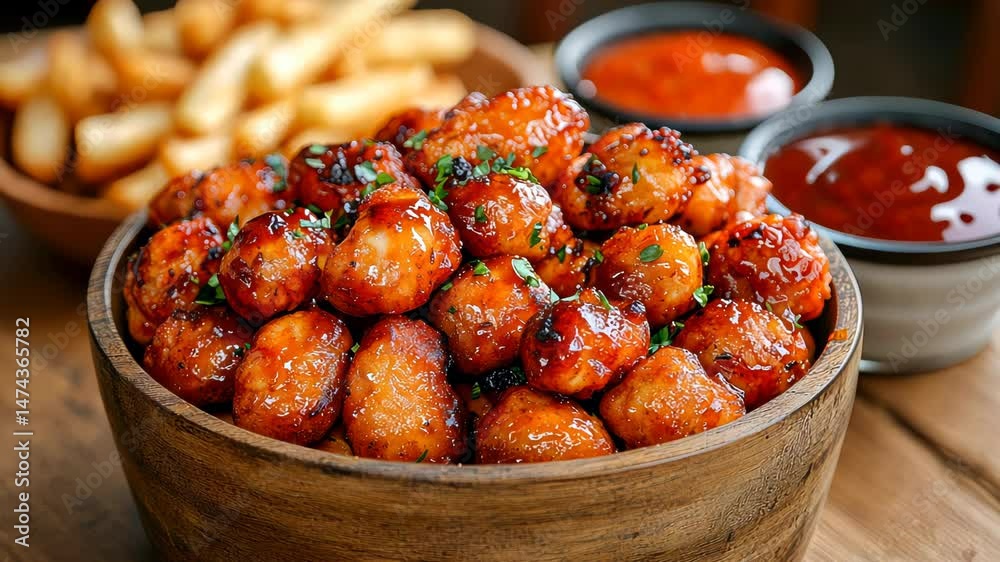 Crispy boneless fried chicken coated in a spicy glaze, served in a rustic wooden bucket. Perfect for fast food, comfort food, and restaurant themes