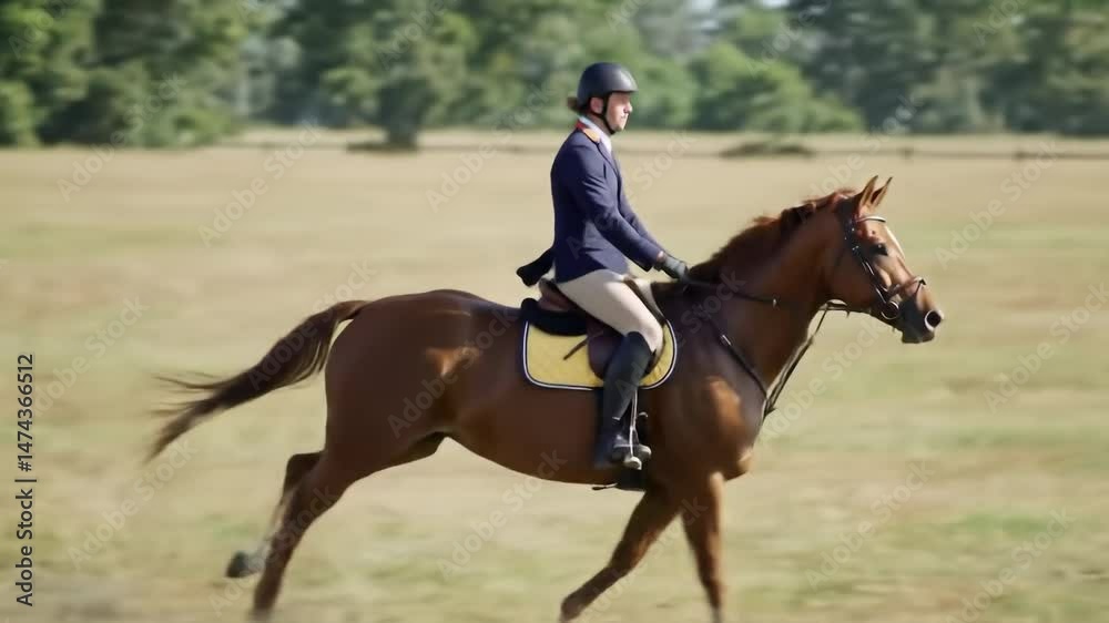Male equestrian rider in formal attire confidently gallops a chestnut horse across an open field, showcasing horsemanship skills and the elegance of the sport, relevant to leisure and competition