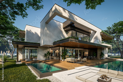 3d rendering of two-story house with parking and pool for sale or rent with concrete facade and beautiful landscaping on background. Clear sunny summer day with blue sky.